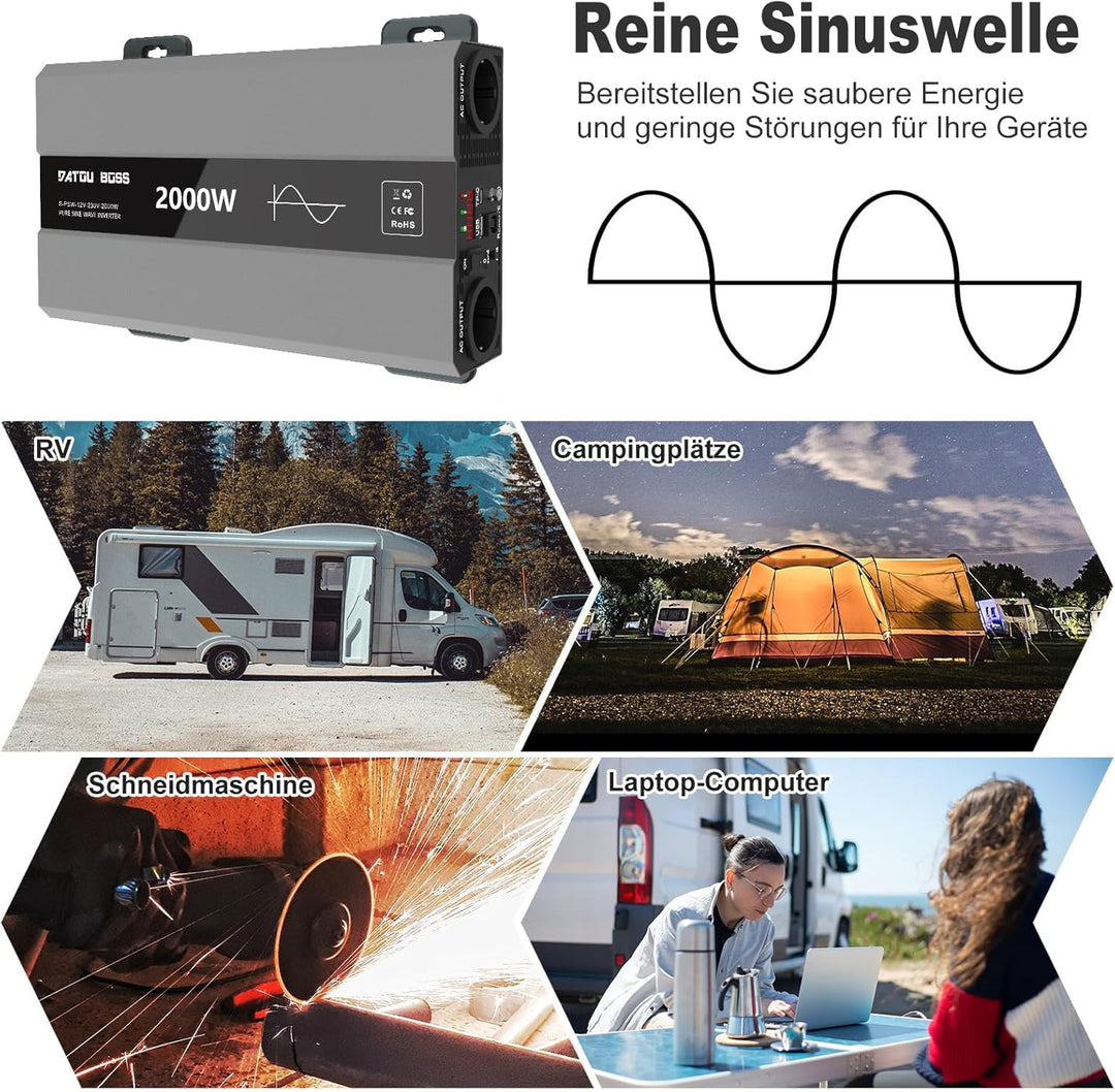 DATOUBOSS Wechselrichter 12v auf 230v Reiner Sinus 2000w, Spannungswandler 12v 230v 2000w mit AC Ste