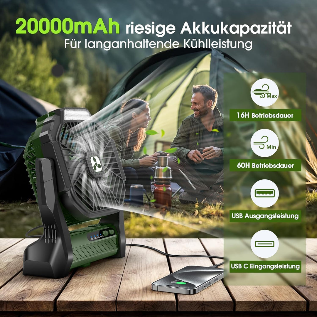 Batteriebetriebener Ventilator 20000mAh Kabellos, Wiederaufladbarer Tragbarer Ventilator mit LED-Lat