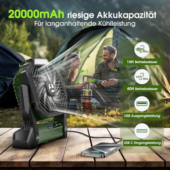 Batteriebetriebener Ventilator 20000mAh Kabellos, Wiederaufladbarer Tragbarer Ventilator mit LED-Lat
