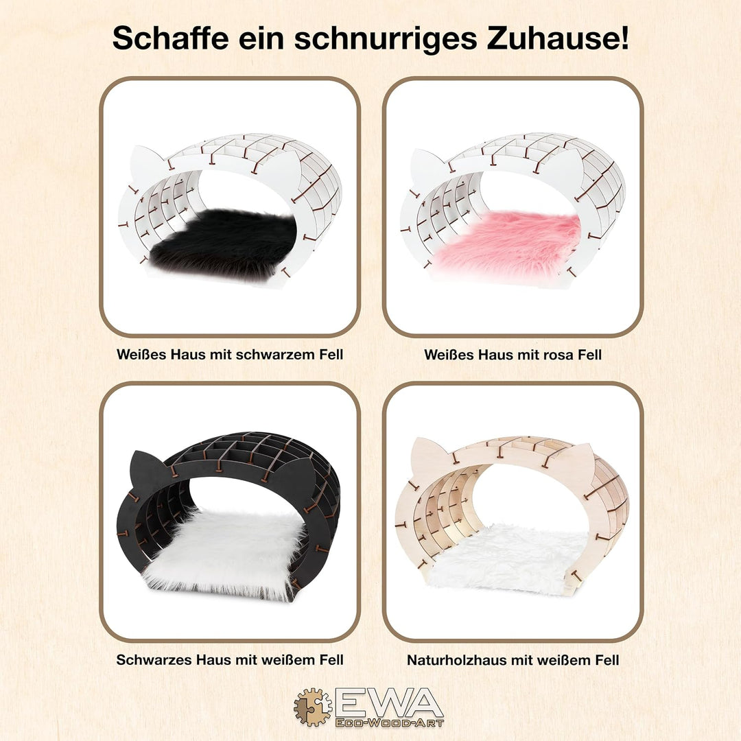 Katzen Haus Modellbau – Katzen Bett Holzpuzzle Erwachsene &amp; Kinder – weisses Haus mit rosa Fell Katz
