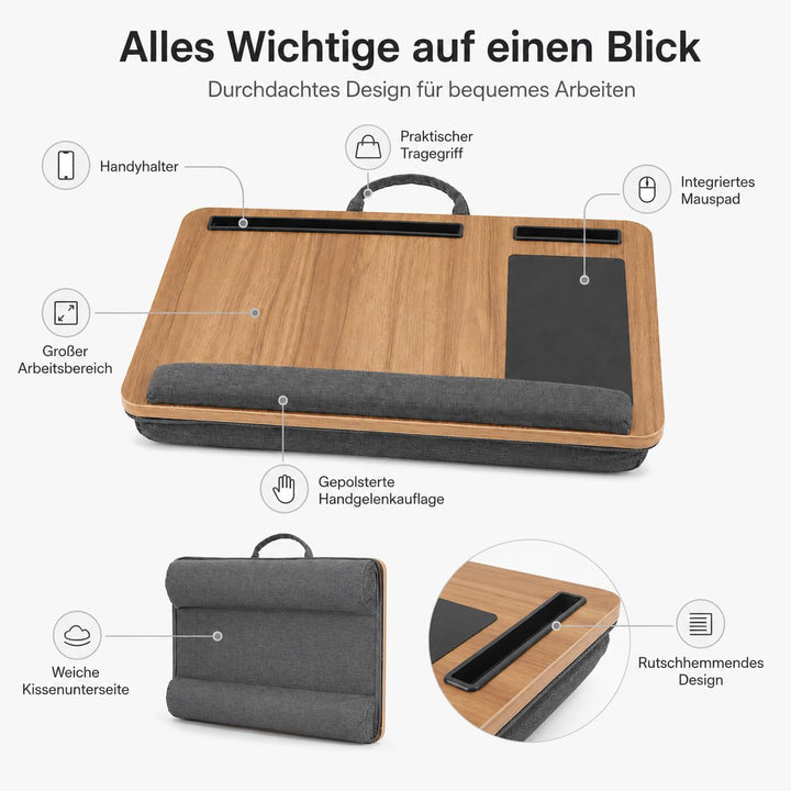 Laptopkissen für Schoss, Bett & Sofa, Laptoptisch mit Kissen, Mauspad, Handyhalter, Handgelenkauflag