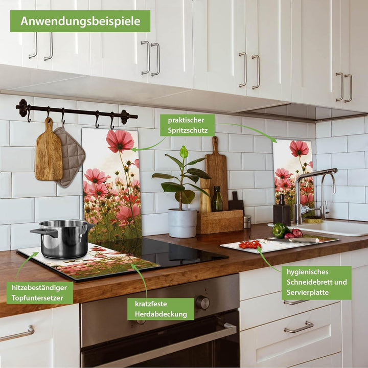 banjado® Herdabdeckplatte Glas 2-teilig je 30x52 cm/Schneidebrett Herdabdeckung mit Motiv Schmuckkör