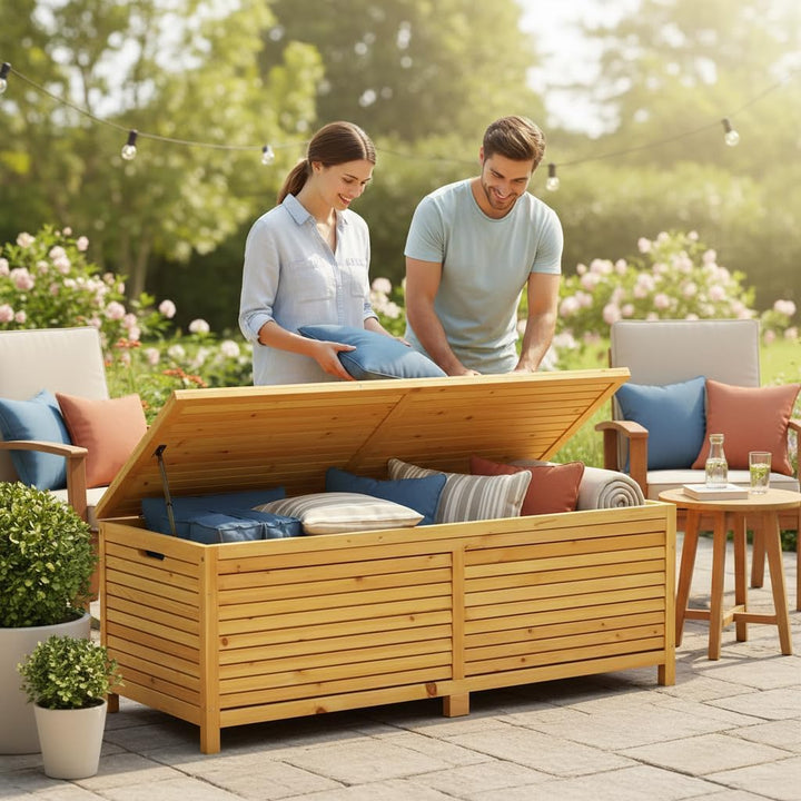 Melko Auflagenbox Kissenbox Gartenbox mit klappbarem Deckel, regenfest, aus Holz, 46 x 140 x 52 cm,