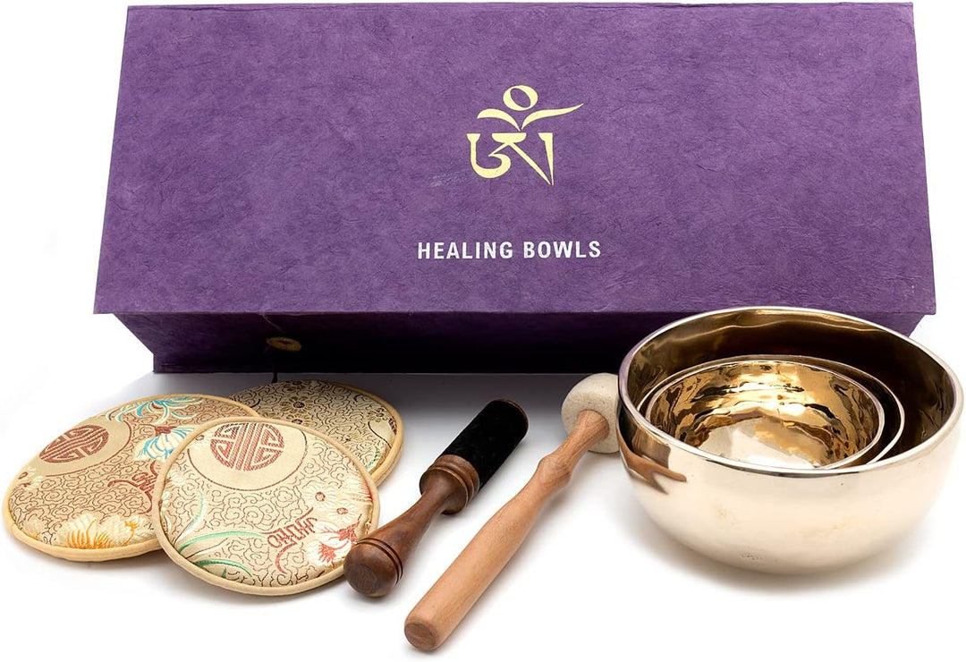 Healing-Box mit 3 besonderen, fein gravierten Klangschalen in Hochglanz-Optik für Meditation u. Klan