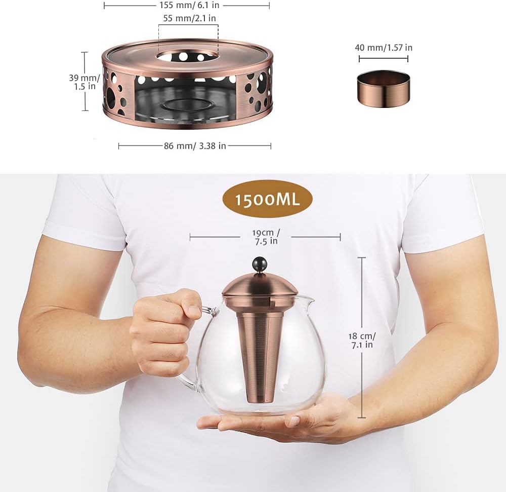 glastal 1500ml Bronze Teekanne mit Stövchen Teebereiter Glas und Edelstahl Teewärmer Teekanne Suit 1