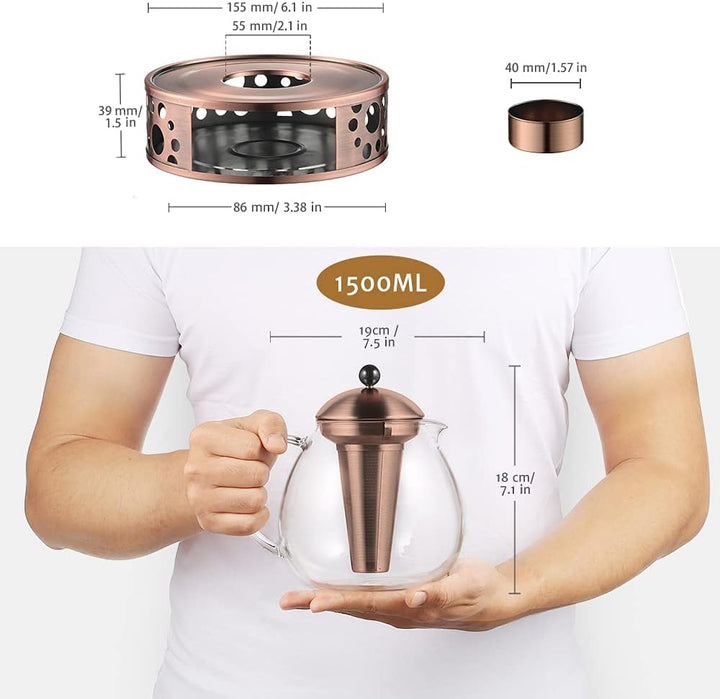 glastal 1500ml Bronze Teekanne mit Stövchen Teebereiter Glas und Edelstahl Teewärmer Teekanne Suit 1