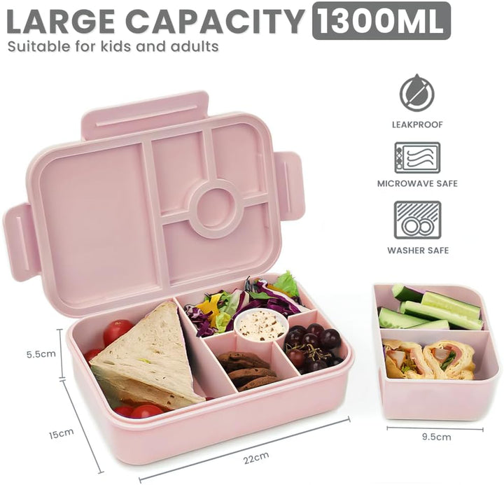 Bugucat Lunchbox Kinder 1300ML 2Set, Brotdose Kinder mit 5 Fächern Bento Box Brotdosen mit Besteckse