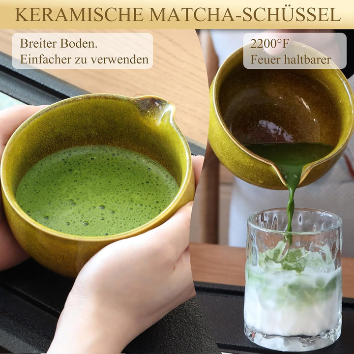 Matcha Set Handgedrehtes Macha Tea Set mit Bambus Matcha Besen, Keramik Matcha Schale, Löffel und Ha