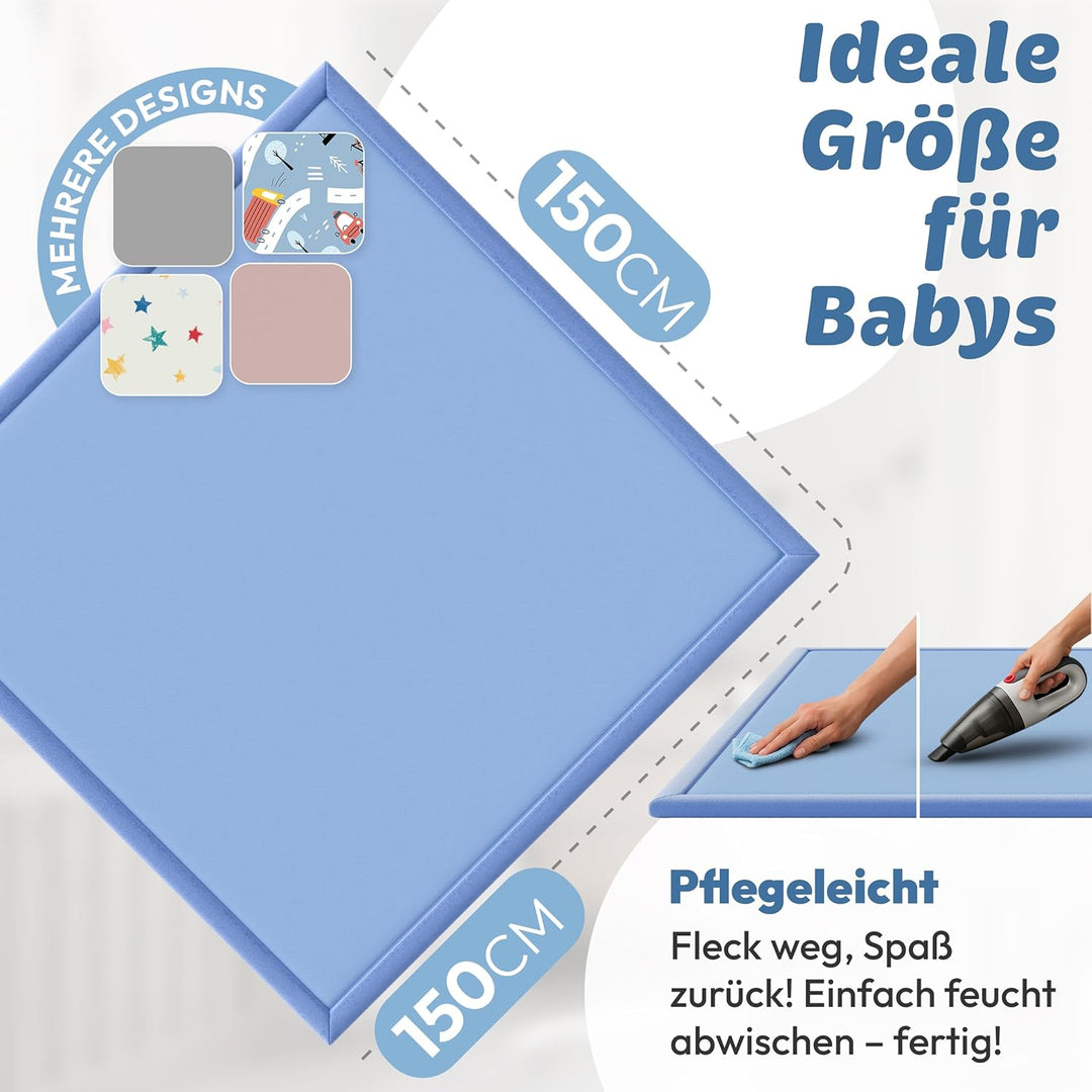 Seidenweiche Krabbelmatte Baby 150x150x3cm blau Extra Dicke(3cm) Spielmatte Kinder mit Premium Memor