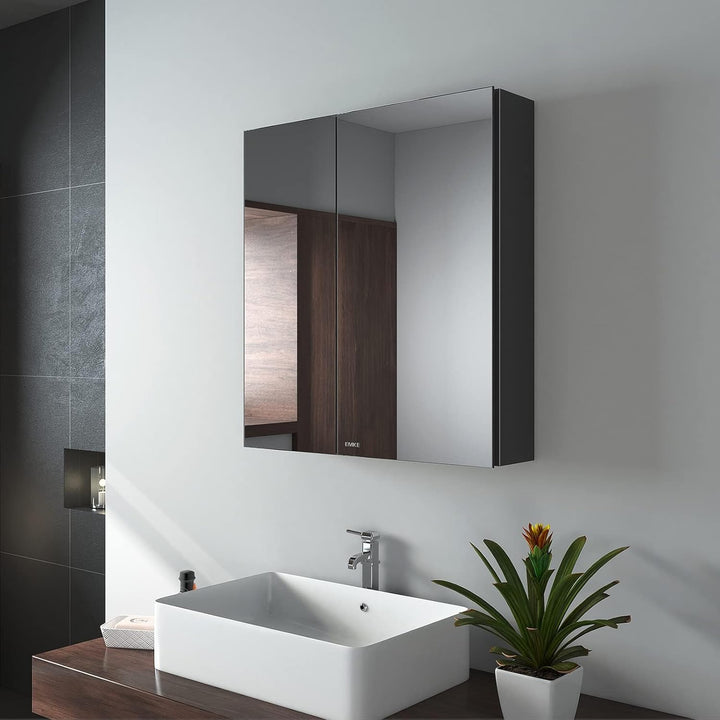 EMKE Spiegelschränke 60x65cm Spiegelschrank Badschrank mit Doppelseitiger Spiegel (Schwarz), Schwarz