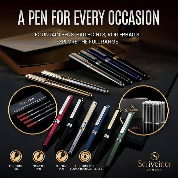 Scriveiner Füller - britisches Renngrün, Luxus Füllfederhalter, Chromausführung, feine Schmidtfeder,