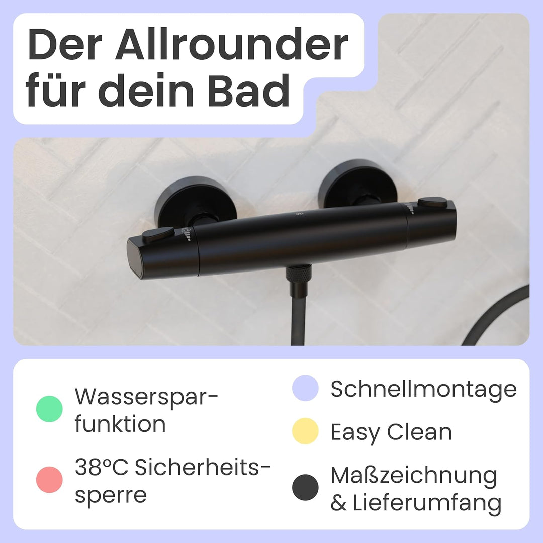 instmaier Beatrice | Duscharmatur mit Thermostat | Schwarz matt | Duschthermostat für Badewanne und