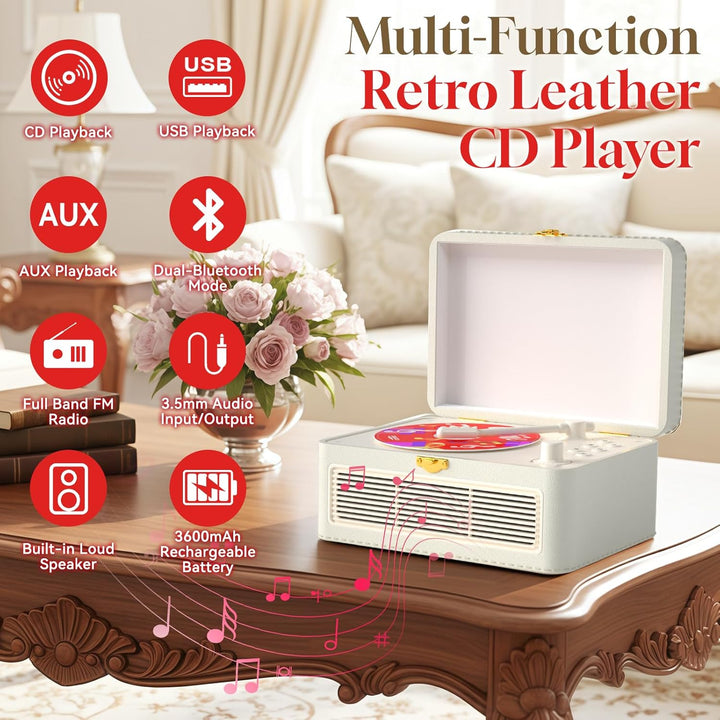 Gueray Tragbarer Bluetooth CD-Player mit Lautsprechern 3600mAh Wiederaufladbarer Vintage CD Spieler