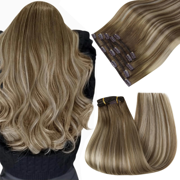 Easyouth Clip Extensions Echthaar Balayage Blond Echthaar Clip in Extensions Remy Haar Mittelbraun O