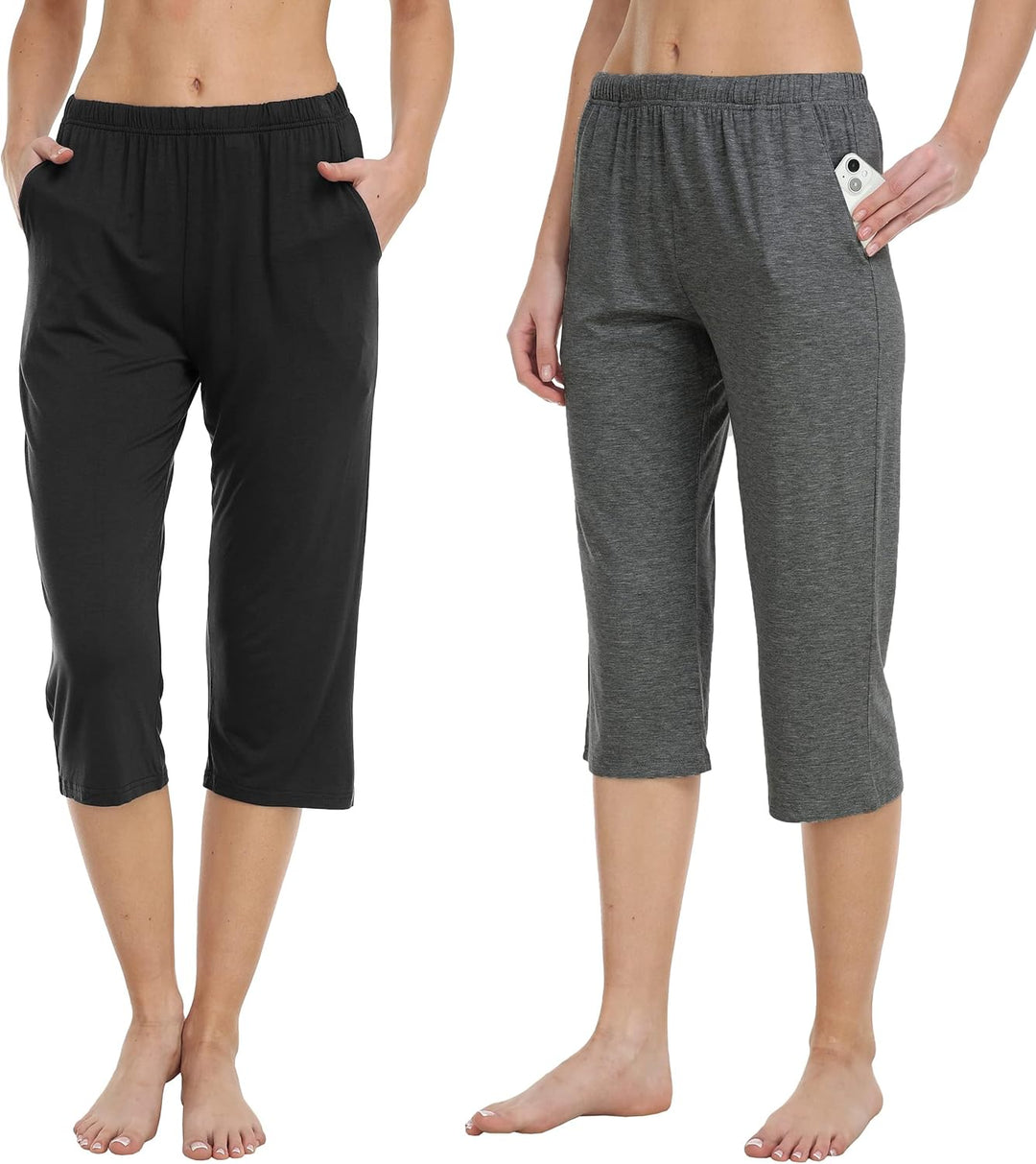 MoFiz Damen Schlafanzughose 3/4 Lang Schlafhose Modal Nachtwäsche Weich Pyjamahose Freizeithose mit