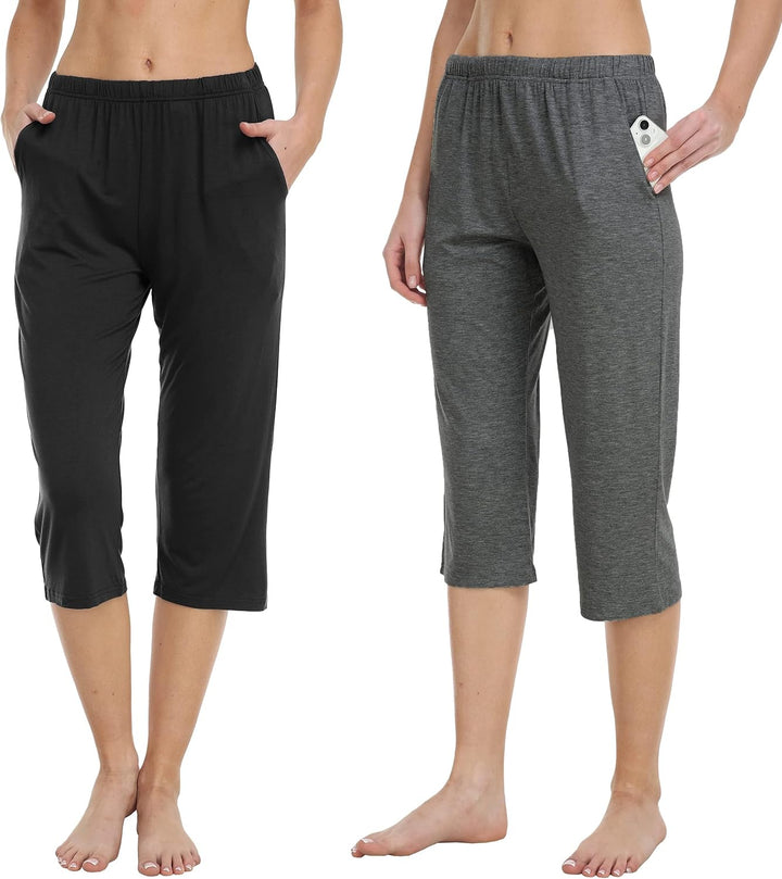 MoFiz Damen Schlafanzughose 3/4 Lang Schlafhose Modal Nachtwäsche Weich Pyjamahose Freizeithose mit