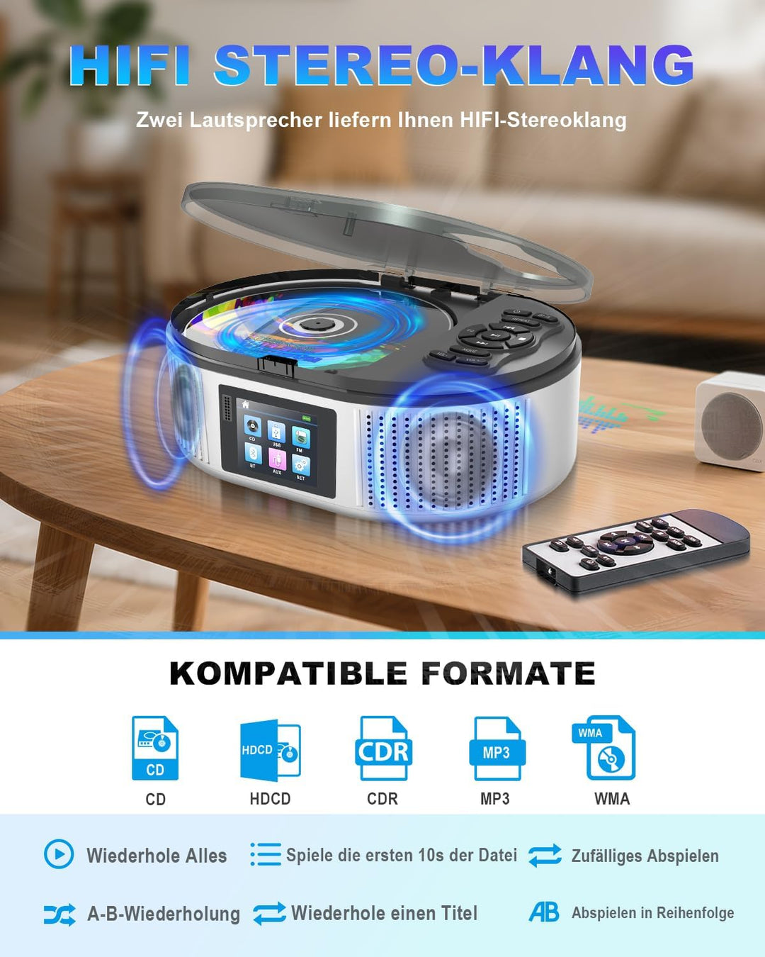 Tragbarer CD Player, CD Player Bluetooth mit Dual Stereo Lautsprecher, 4000mAh Rechargeable Desktop