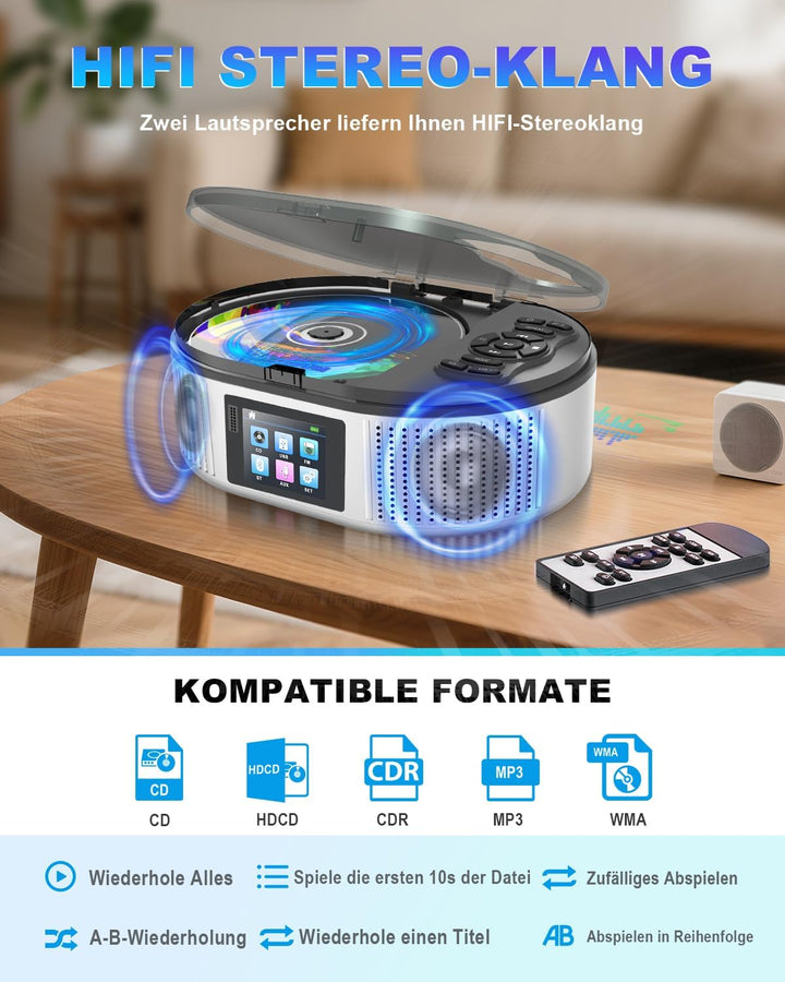 Tragbarer CD Player, CD Player Bluetooth mit Dual Stereo Lautsprecher, 4000mAh Rechargeable Desktop