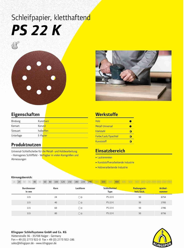 Klingpsor 89486 - PS 22 K Schleifscheibe mit Papierunterlage, selbstbefestigend, ⌀125 - Korn 40, 50