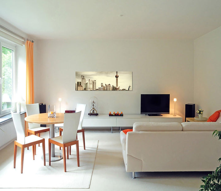 Augenblicke Wandbilder Leinwandbild als Panorama in 150x50cm Shanghai Skyline Wasser Boot Steg