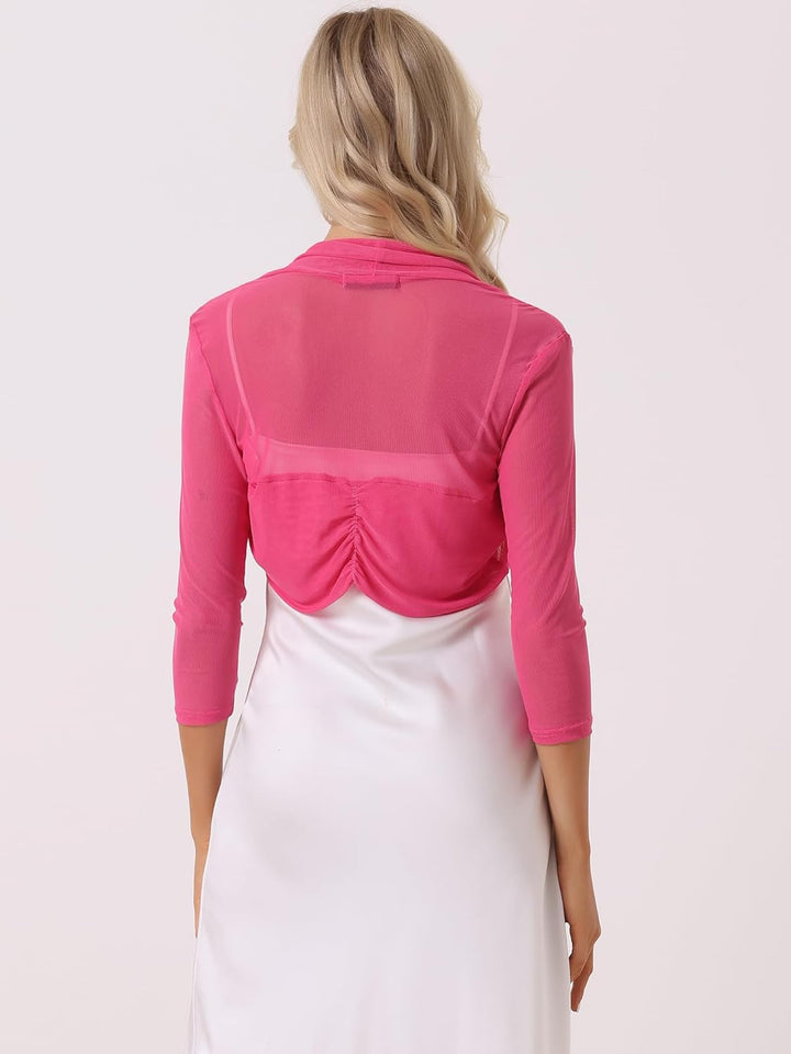 Allegra K Damen Bolero Festlich 3/4 Ärmel Rüschen Mesh Durchsichtig Crop Strickjacke Shrug Boleros X
