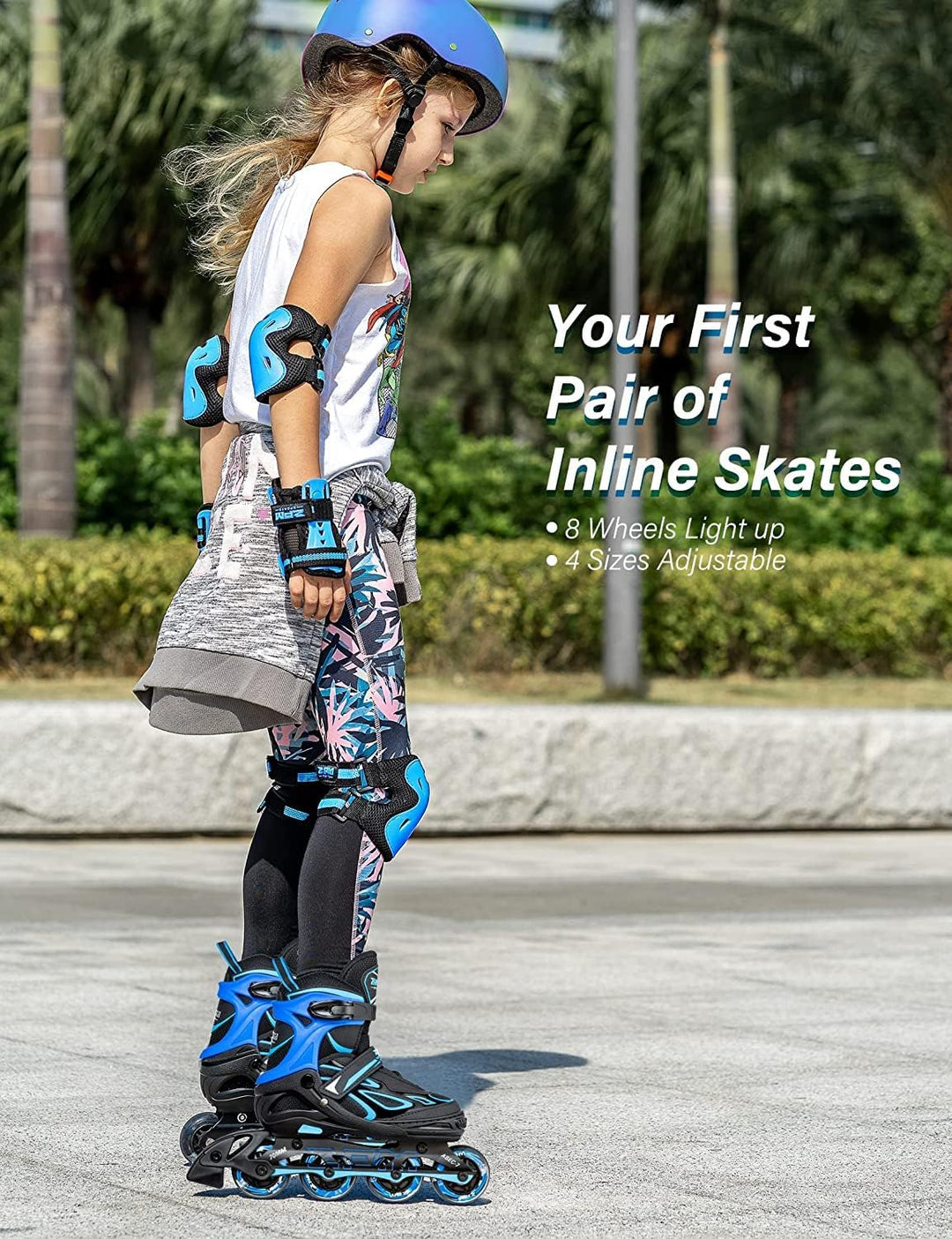 2PM SPORTS Verstellbar Inliner für Kinder, Leucht Inline Skates Rollschuhe für Damen/Herren Blau Sma