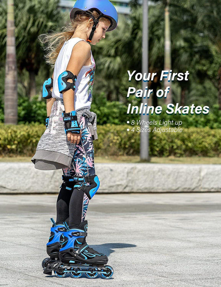 2PM SPORTS Verstellbar Inliner für Kinder, Leucht Inline Skates Rollschuhe für Damen/Herren Blau Sma