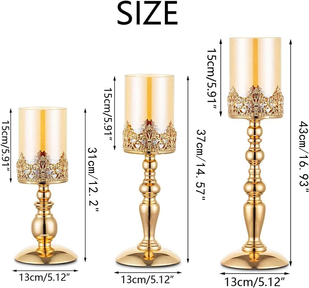 NUPTIO Säulenkerzenhalter mit Glas, 3er Set Hurricane-Kerzenhalter aus Gold Moderne Wohnkultur Gesch