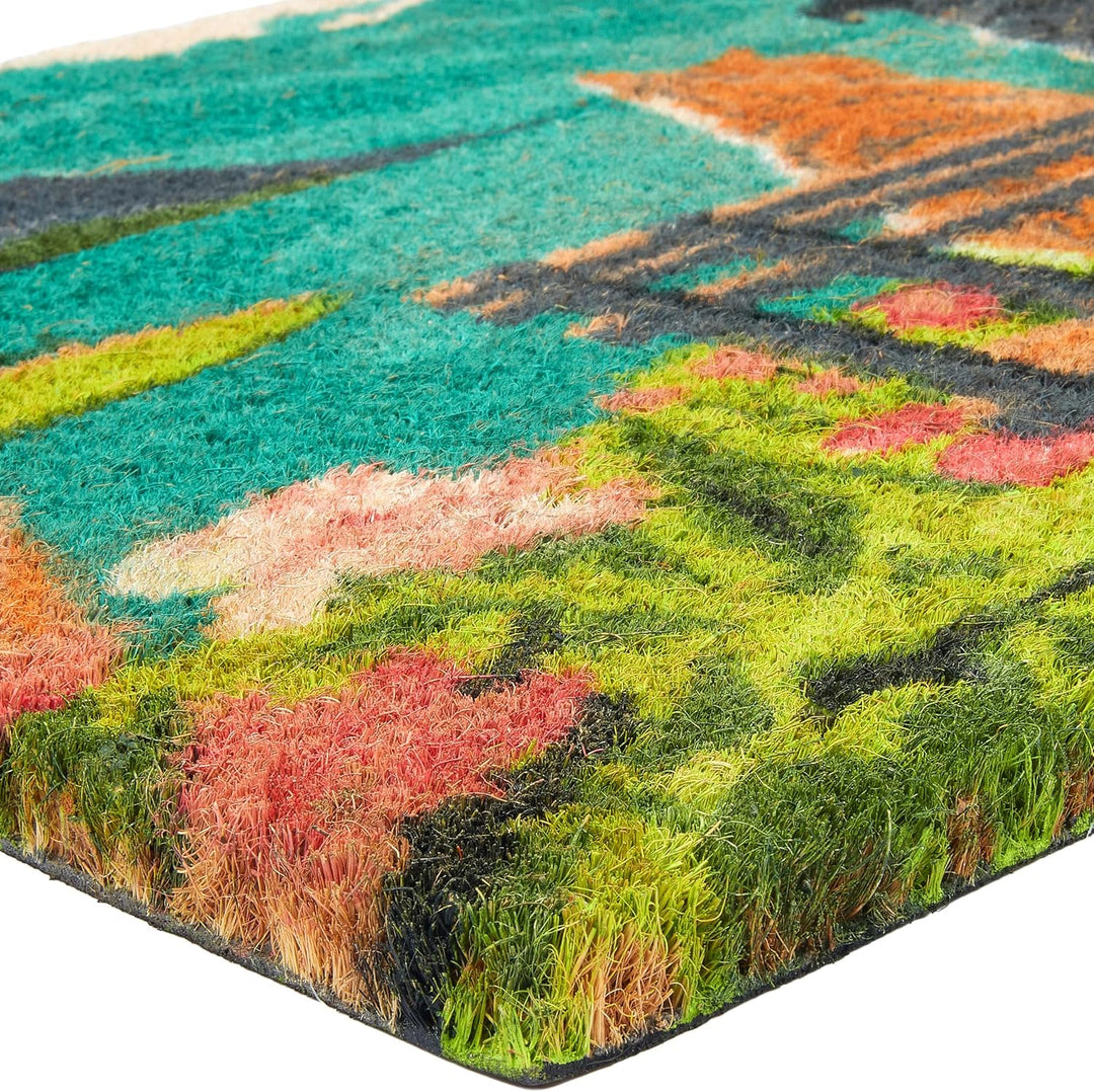 BRUBAKER Fussmatte für Aussen und Innen - Hund und Katze auf Bank vor Bergsee mit Blumen - 45 x 75 c