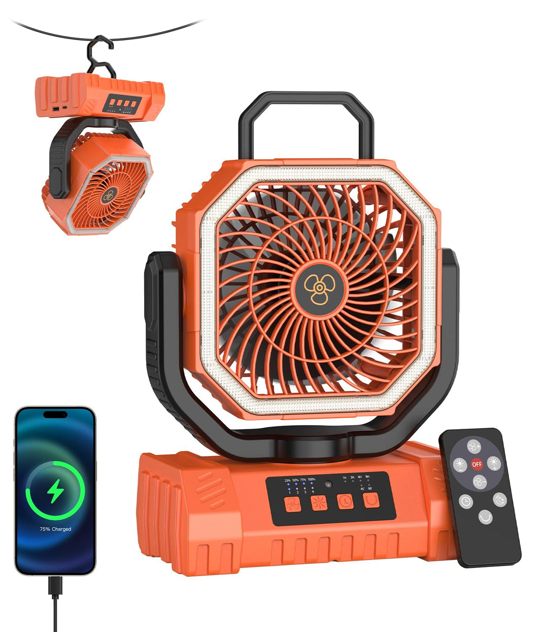Camping Ventilator, 20000mAh Tragbarer Ventilator Akku mit LED Licht &amp; Fernbedienung, Haken, USB Ven