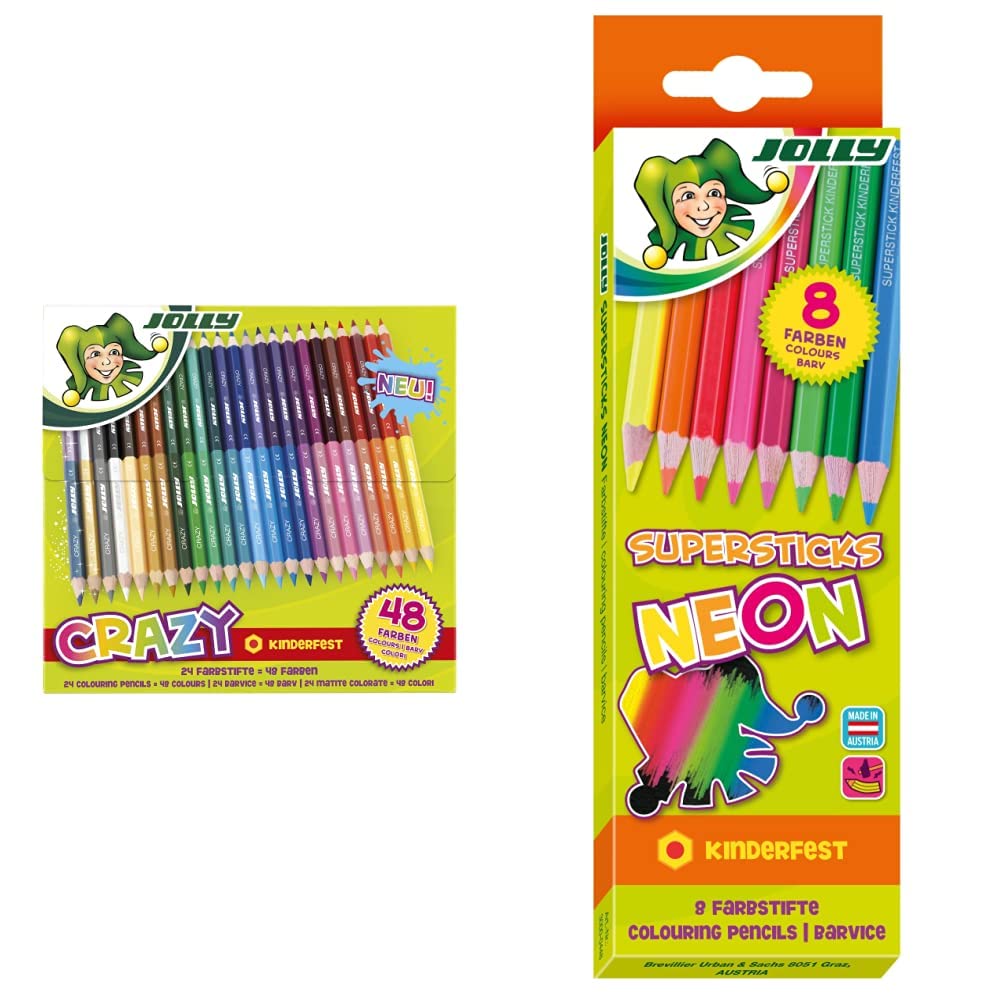 JOLLY Superstick Crazy Farbstifte 24 Stifte mit 48 Farben &amp; Superstick Neon Buntstifte Farbstifte |