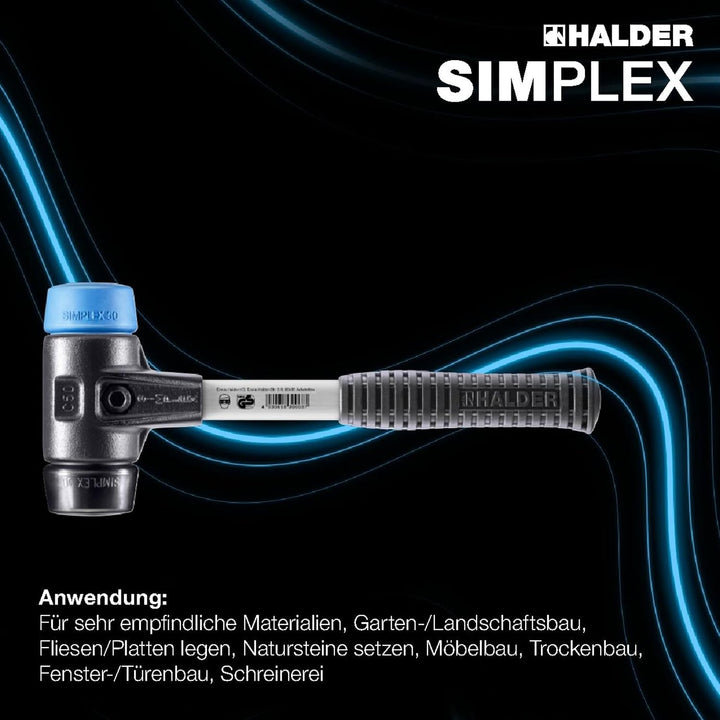 SIMPLEX-Schonhammer, TPE-soft/Gummikomposition; mit verstärktem Tempergussgehäuse und Fiberglasstiel