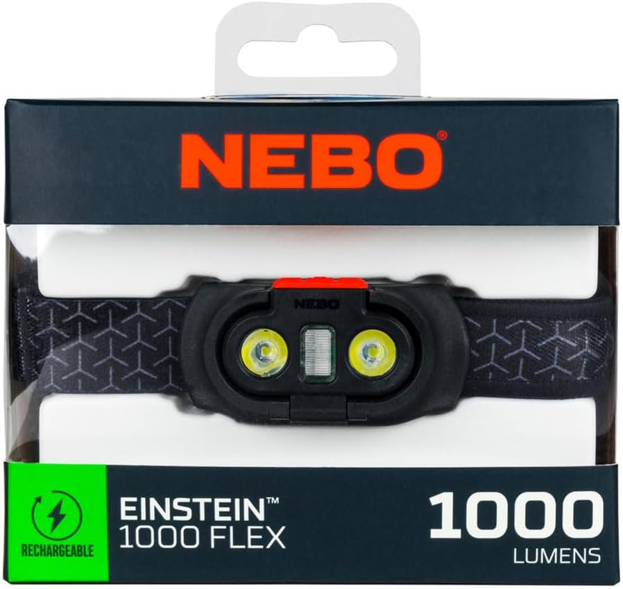 NEBO Einstein 1000 Flex Scheinwerfer | Schwarz, wiederaufladbare Stirnlampe mit Flex Power | 5 Leuch