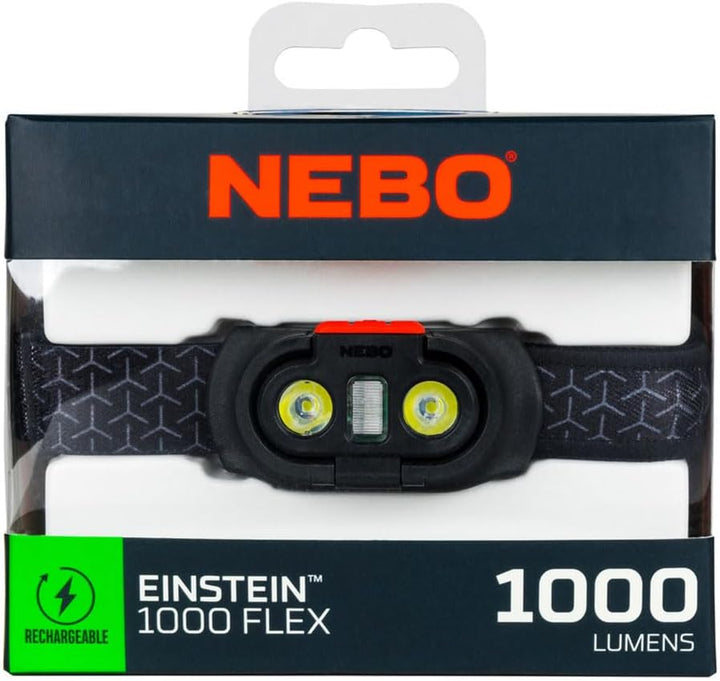 NEBO Einstein 1000 Flex Scheinwerfer | Schwarz, wiederaufladbare Stirnlampe mit Flex Power | 5 Leuch