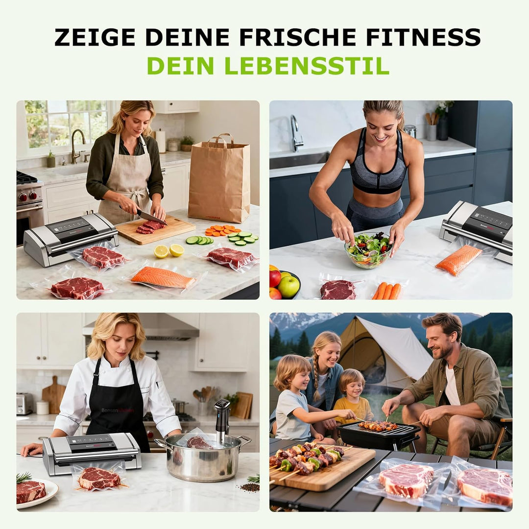 Bonsenkitchen Vakuumiergerät 15 L/min, Vakuumierer mit Beutelclip, Griffverriegelung und Integrierte