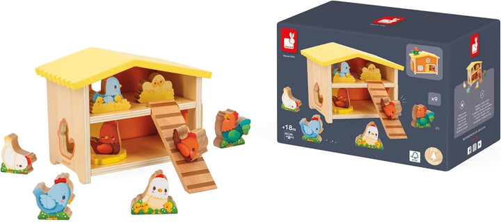 Janod First J03311 Kinderspielzeug, 1 Hühnerstall + 9 Hühner + 1 Leiter, FSC-Holzspiel, entwickelt G