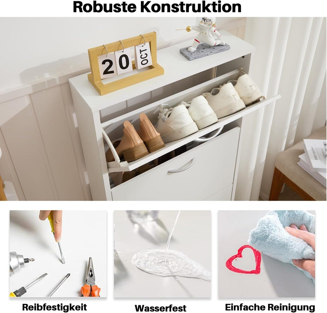 GRAVFORCE Schuhschrank 3 Klappen Weiss Holz Eingangsbereich 58x17x105 cm | Platzsparender schmaler S
