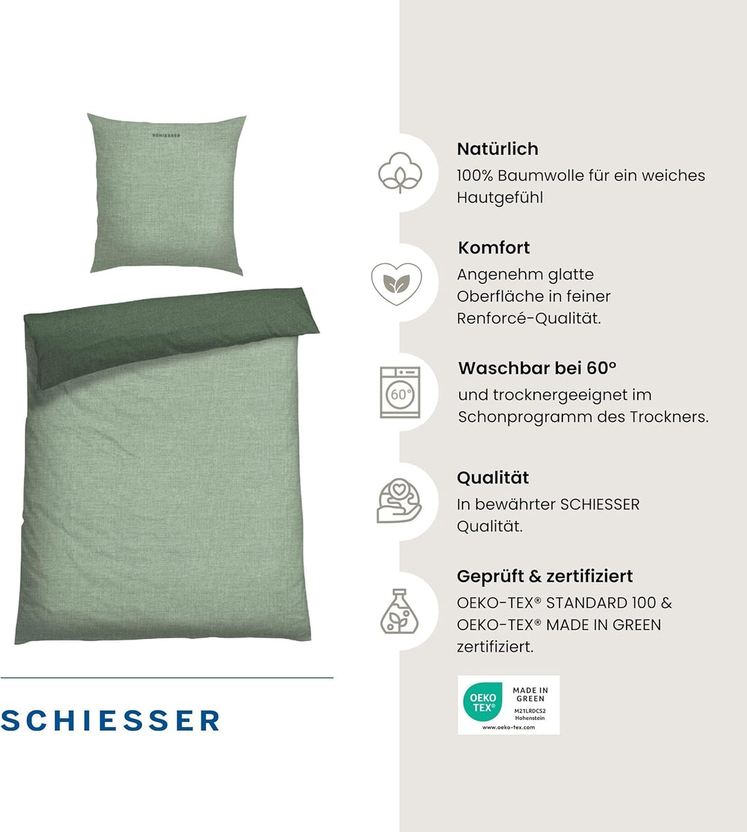 Schiesser Wende-Bettwäscheset Doubleface in angenehm glatter Renforcé Qualität, Made IN Green, Farbe