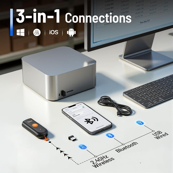 Tera Mini Tragbarer Barcode-Scanner CMOS Barcodescanner 3-in-1 Bluetooth & USB-Kabel & 2,4G Wireless