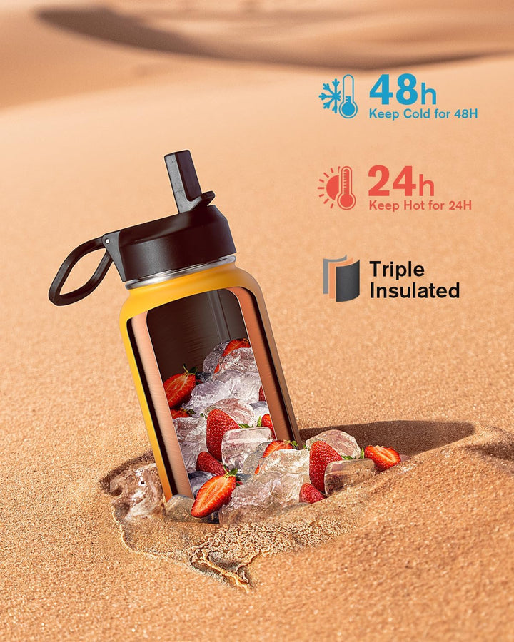 Wasserflasche 0,9 l isoliert mit Strohhalm, Coolflask Edelstahl Metall 3 Deckel Wasserflasche mit br
