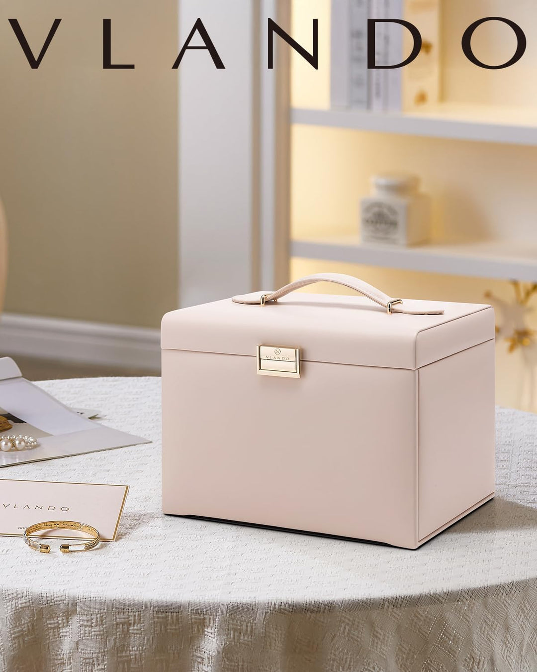 Vlando Schmuckkasten Schmuckbox mit 4 Ebenen, Schmuckschatulle PU Leder, Schmuckbox mit Spiegel und