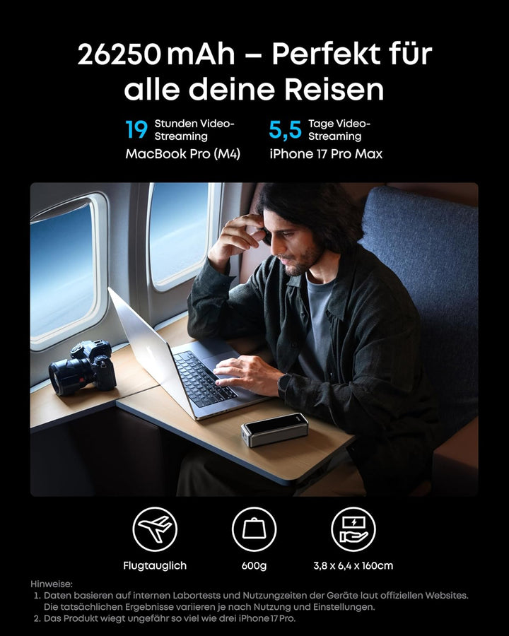 Anker Prime Powerbank, 26250mAh, tragbares Ladegerät mit 3 Ports und 300W Ausgang, bidirektionales L