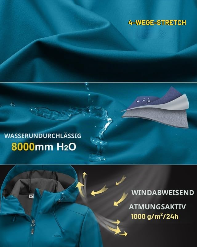 33,000ft Damen Softshelljacke Wasserdichte Winddichte Funktionsjacke Atmungsaktive Übergangsjacke Le