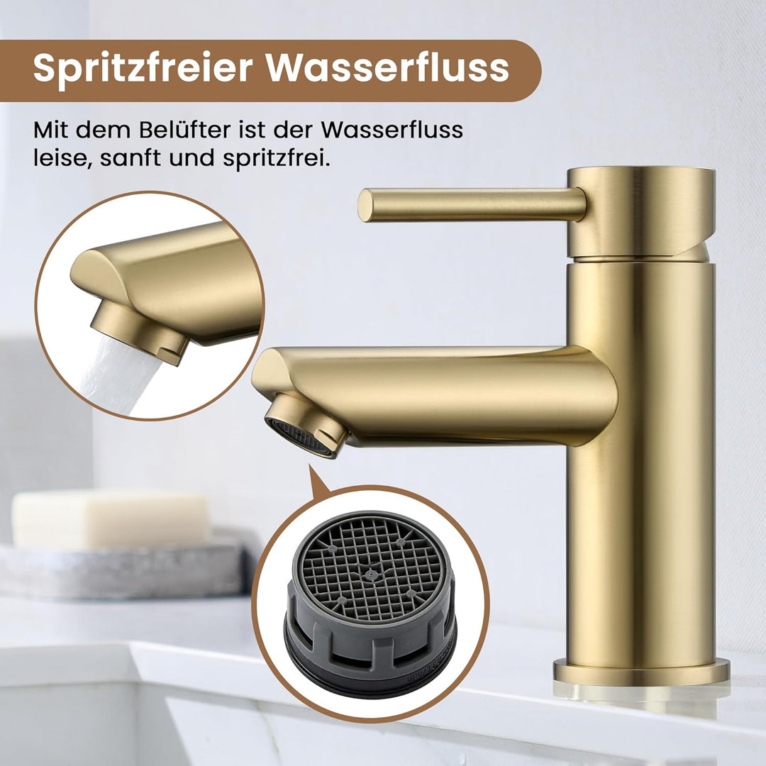 KPW Waschtischarmatur Edelstahl Gebürstet Gold – Bad Wasserhahn mit 79mm Auslaufhöhe, Einhand-Mischb
