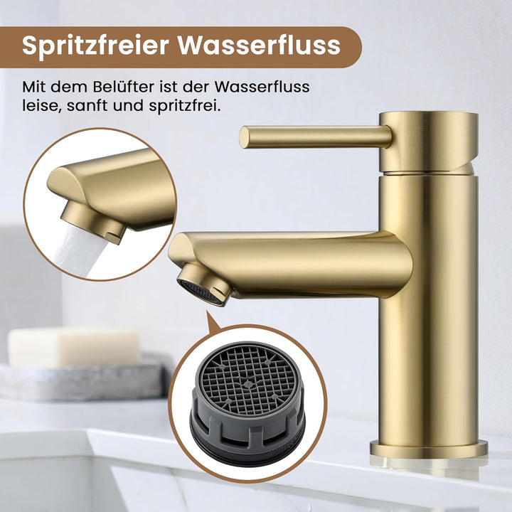 KPW Waschtischarmatur Edelstahl Gebürstet Gold – Bad Wasserhahn mit 79mm Auslaufhöhe, Einhand-Mischb