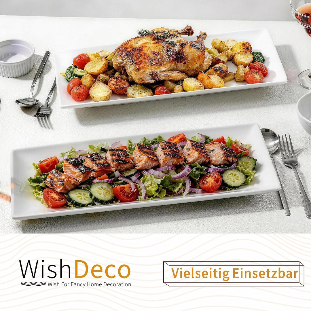 WishDeco Servierplatte Gross 2er Set, Servierteller Porzellan 40x19 cm, Kuchenplatte Rechteckig, Tel