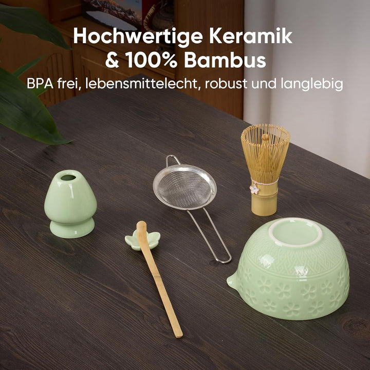 Matcha Set, einschliesslich einer Keramik Matcha Schale, Matchabesen und Halter, Sieve, Geschirrtuch