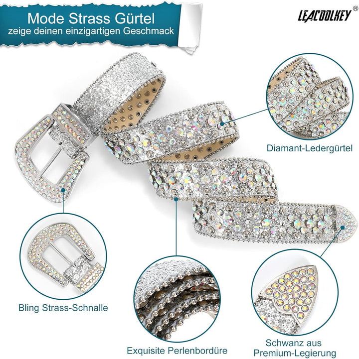 LEACOOLKEY Damen Männer Mode Strass Gürtel, Western Cowgirl Nieten Punk PU Ledergürtel für Jeans S:P