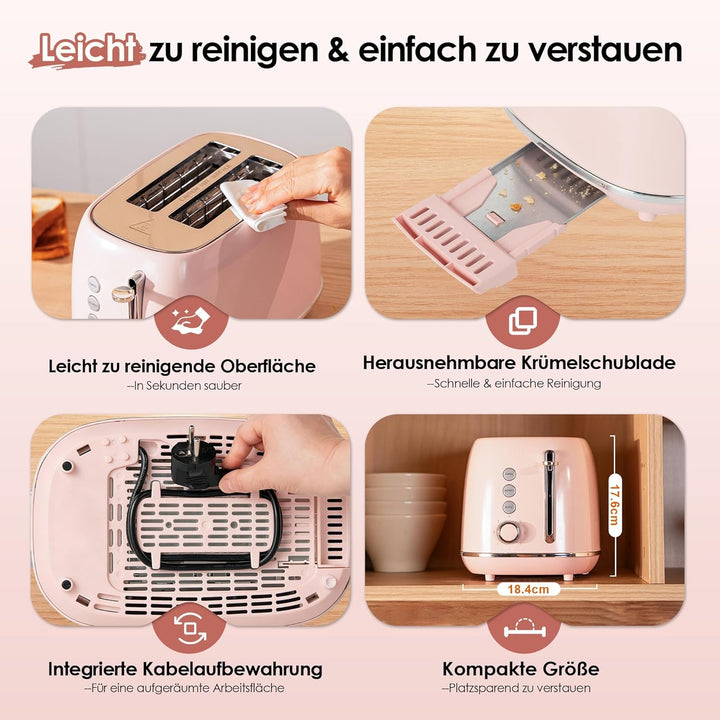 Fab by Kitchen in the box Rosa Toaster 2 Scheiben, Retro Toaster aus Edelstahl mit breiten Schlitzen