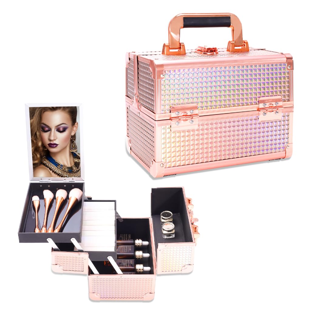 Kosmetikkoffer Aluminium Schminkkoffer, Kosmetikkoffer Kosmetik Beautycase mit Spiegel, Tragegriff &